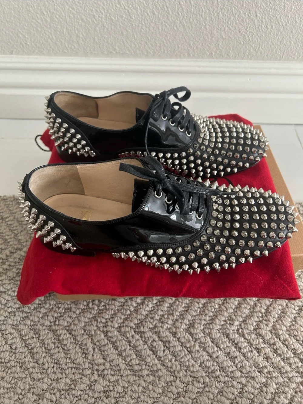 Christian Louboutin Freddy Flat Black Studded Patent Oxford Shoes